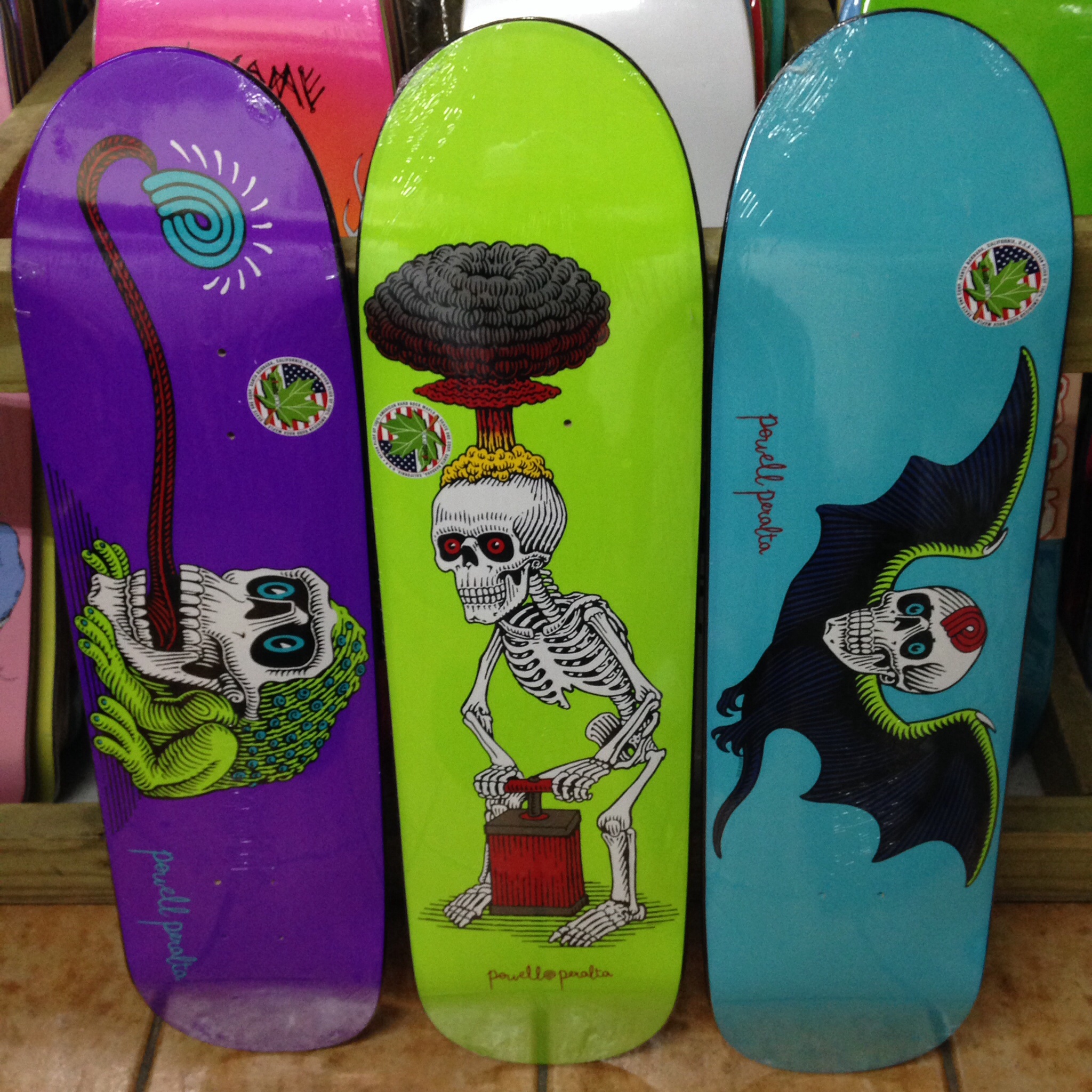 All new Powell-Peralta Popsicle stick decks, with artwork by VCJ! Frog skull (8 x 31.25, n:6.5", wb:14", t: 6.5"), Explode (8.38 x 31.7, n: 6.75, wb: 14.25", t: 6.5), bat skull (8.25 x 31.6, n: 6.75, wb: 14.25, t: 6.5) 