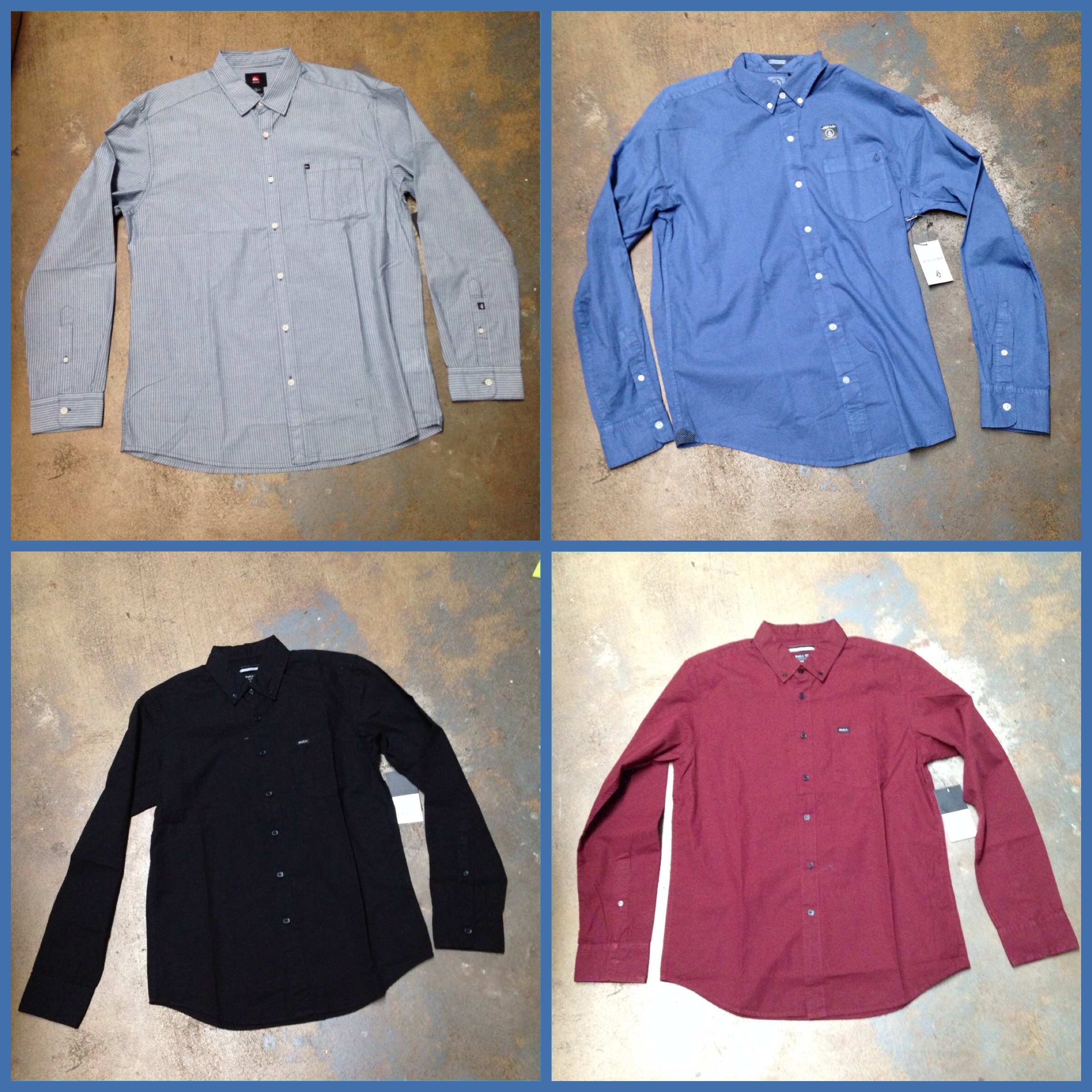 Shirts from Volcom, Quiksilver, and RVCA