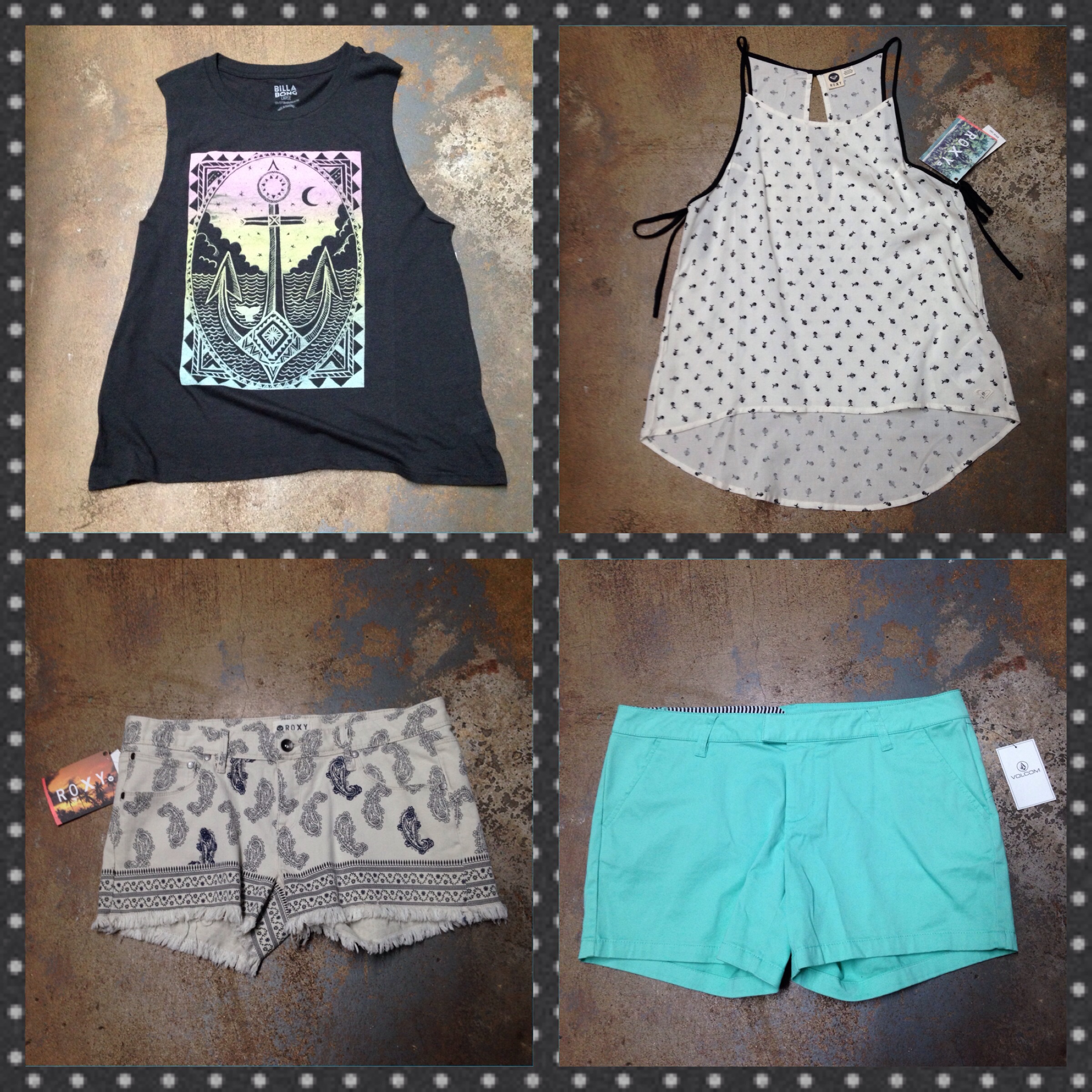 Tops and shorts from Billabong, Roxy, and Volcom! 