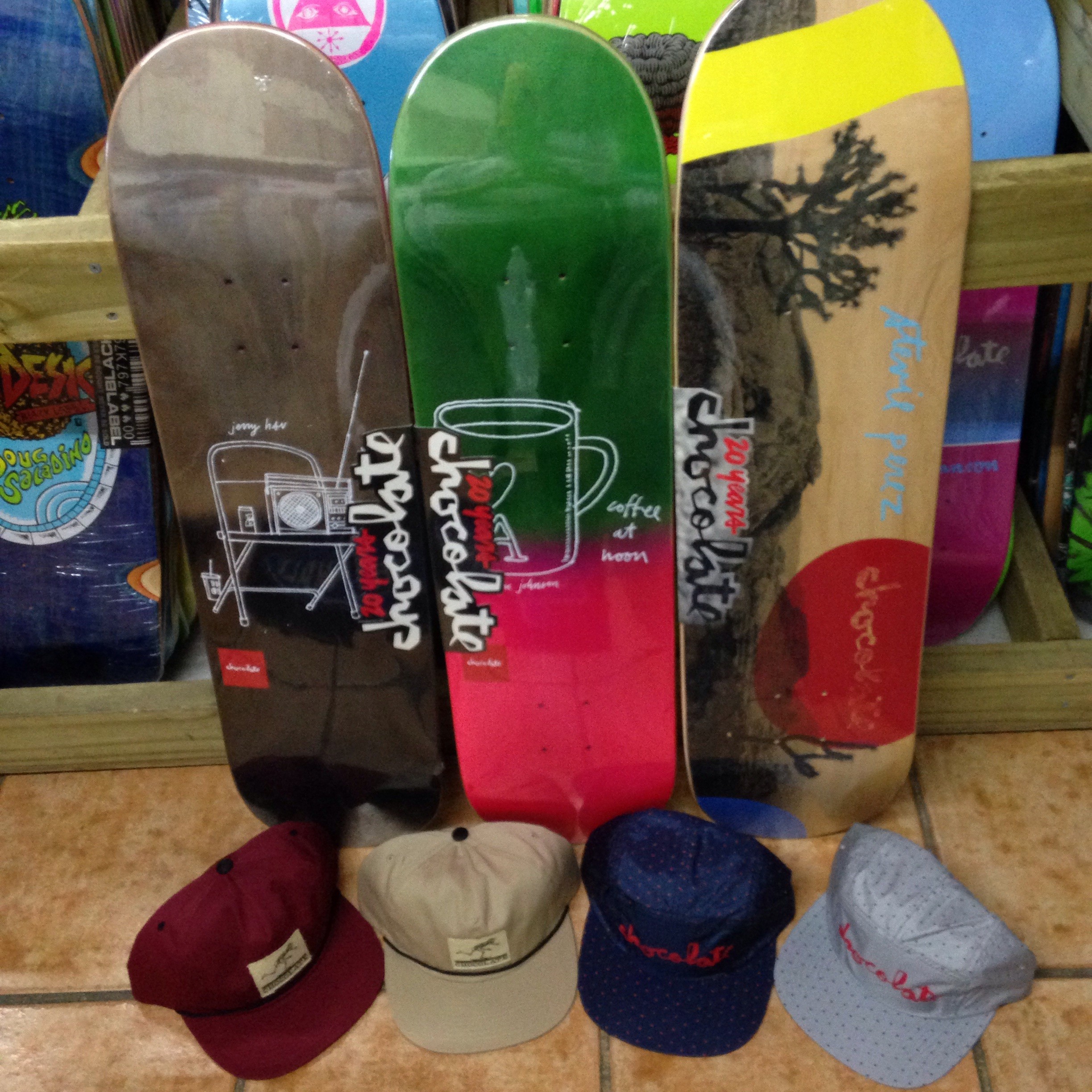 Chocolate skateboards and hats! (8.0" x 31.625", 8.125" x 31.3", 8.25" x 32")