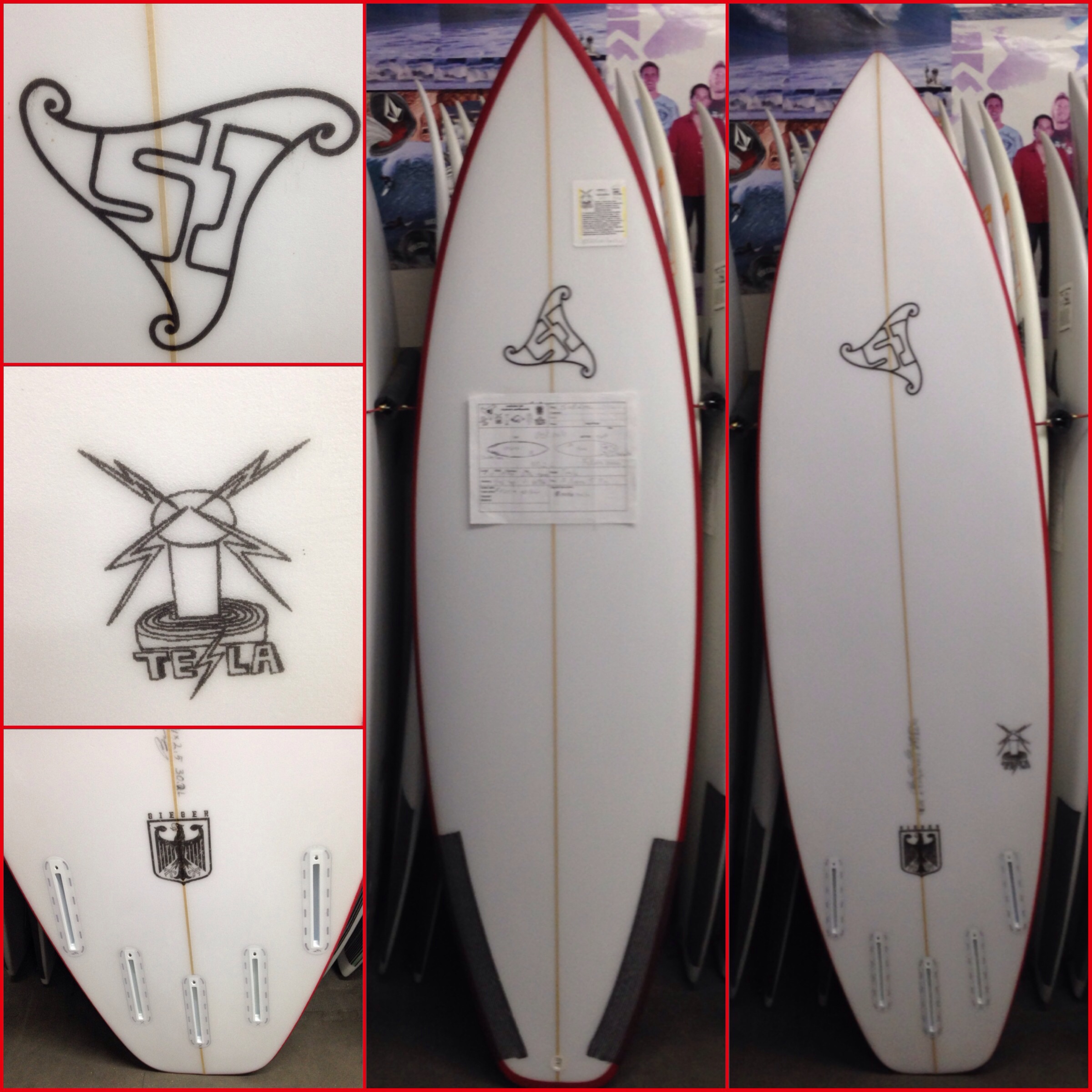 Summer Jet Tesla (5'10" x 19 3/4" x 2 7/16" 30.2 L, Squash tail, futures 5 fin, red rails) 