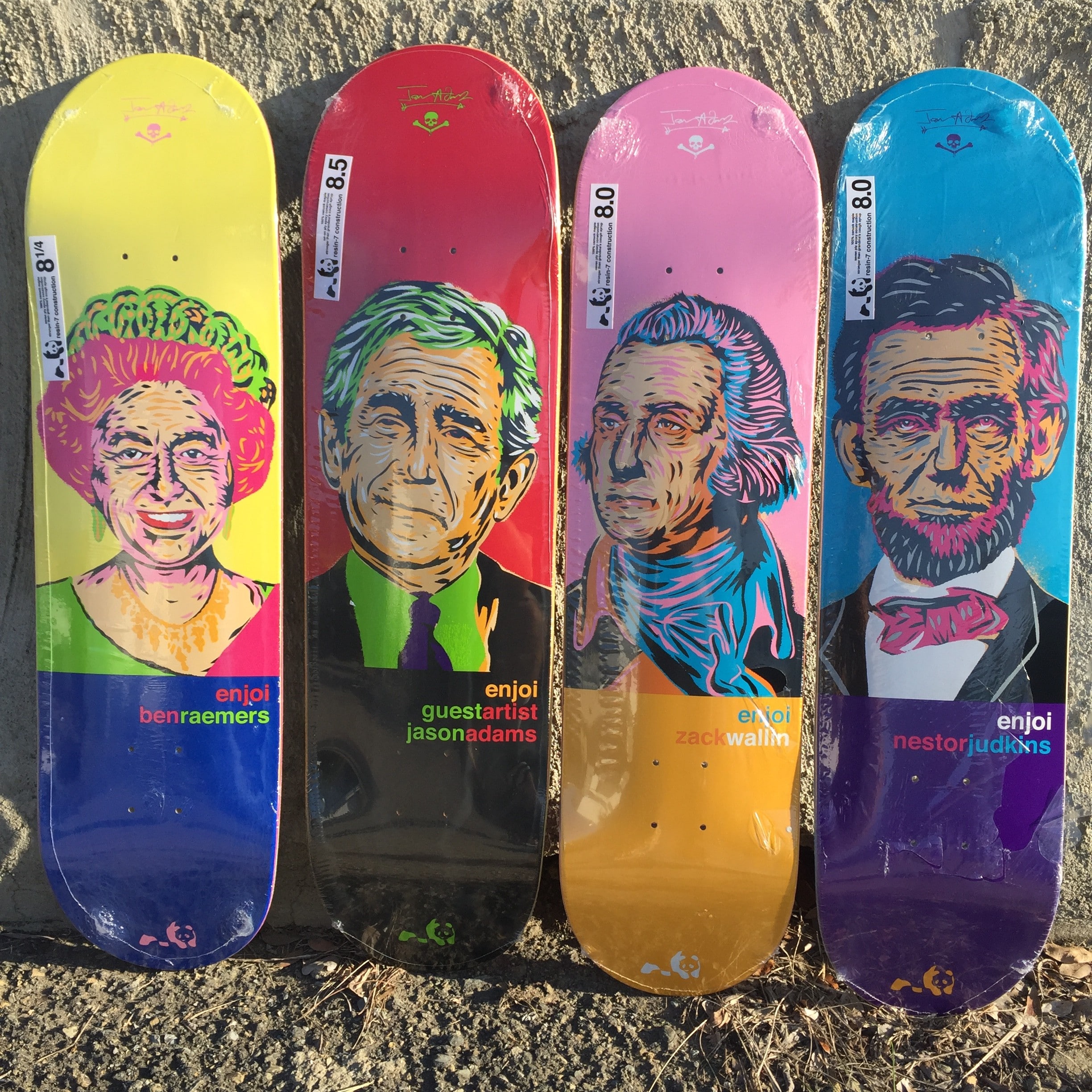 enjoi Jason Adams Pandartist Presidents series (8.25, 8.5, 8.0, 8.0) 