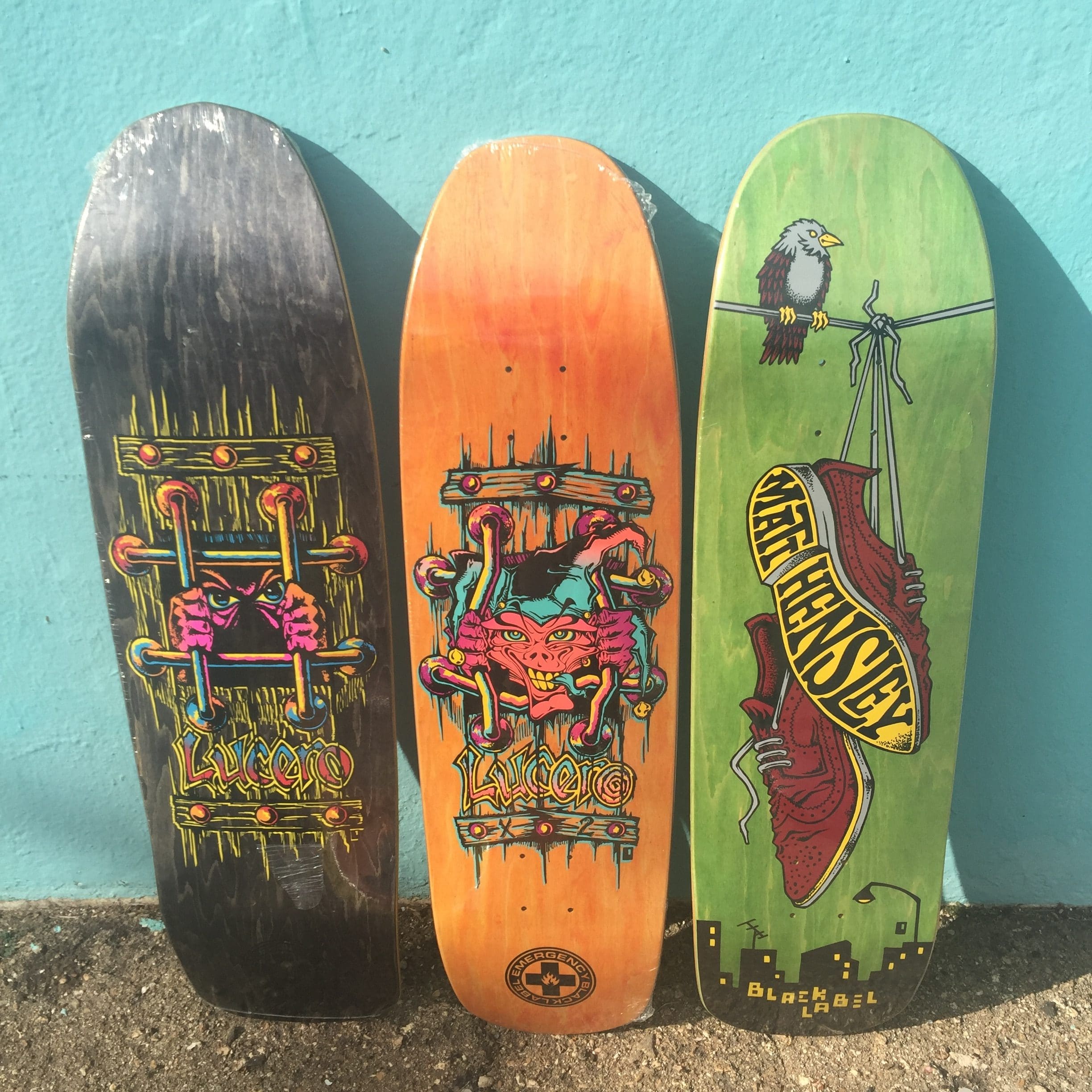 Black Label custom shapes with artwork by John Lucero (9.25" x 33.25"/ 15.5"; 8.88"x 32.375"/ 14.75"; 8.75" x 32.25"/14.5") 